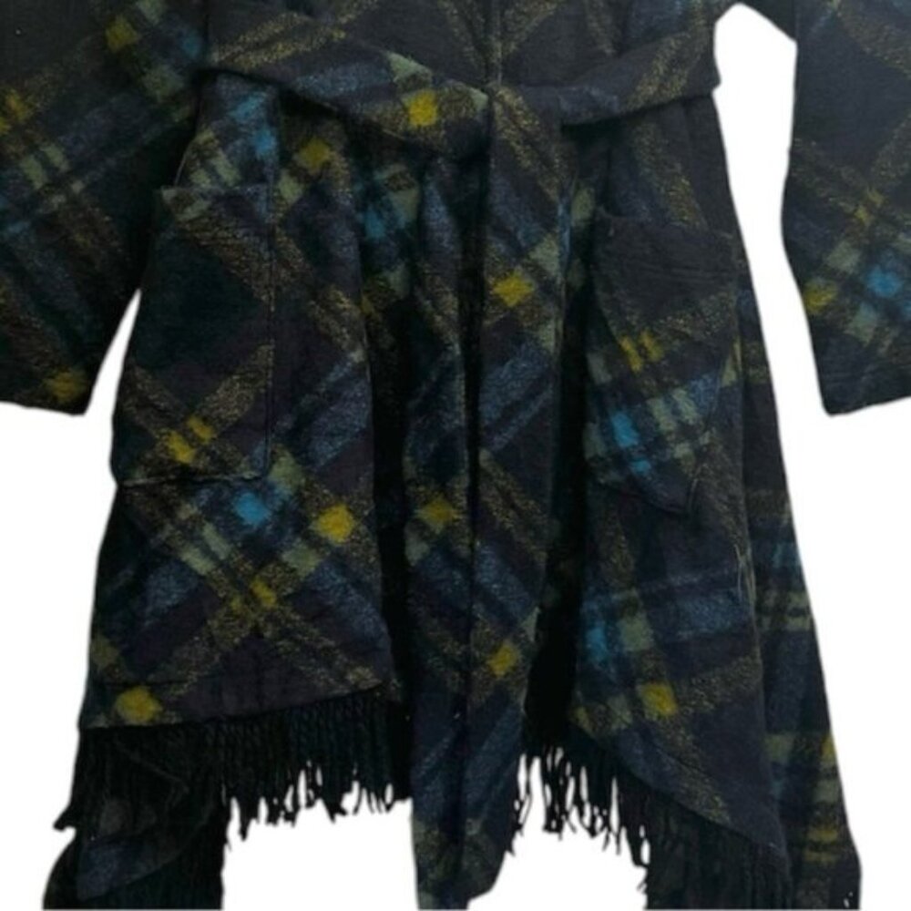 Samuel Dong Wool Check Fringe Wrap Coat Shawl Pockets Tartan Poncho Oversized L - Picture 8 of 16
